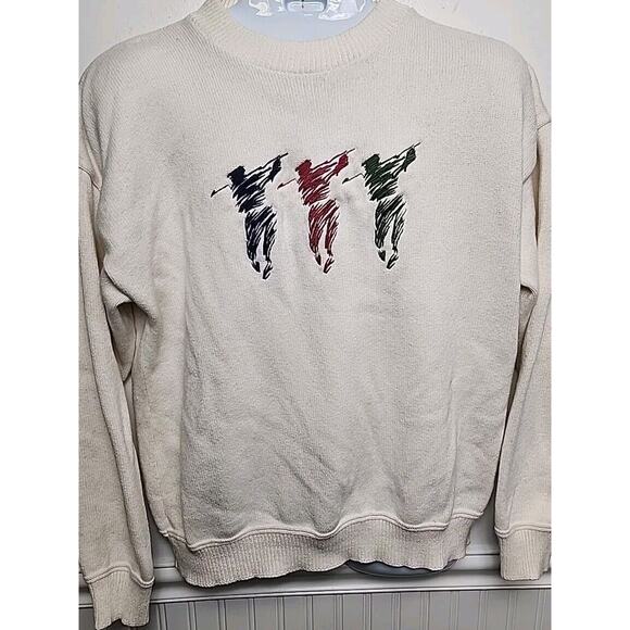 Vtg 90s Nutmeg Mills USA Crewneck Knit Sweatshirt Beige Embroidered Golf Men L - Picture 1 of 9